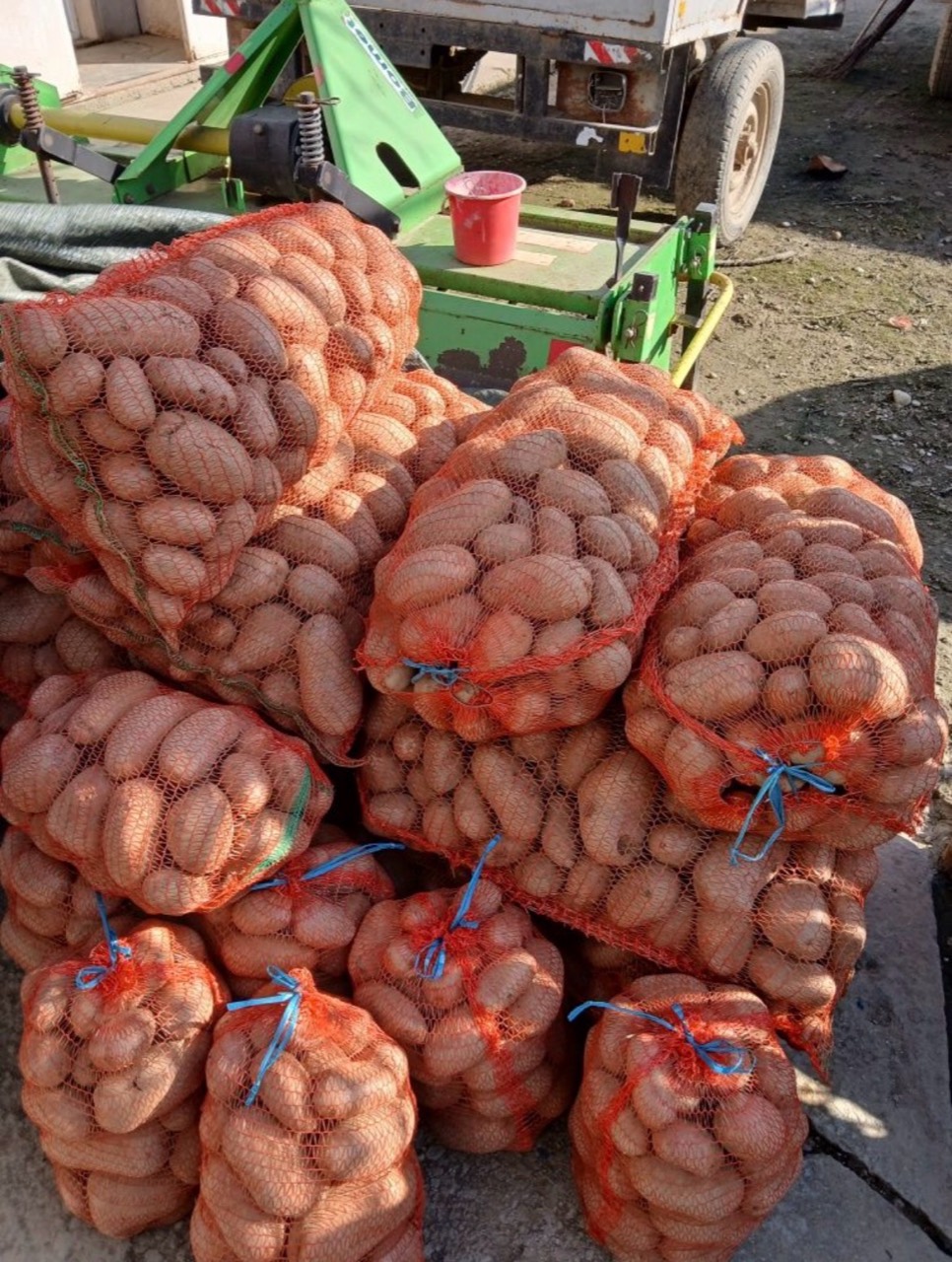 Saci cu cartofi lângă utilaje agricole
